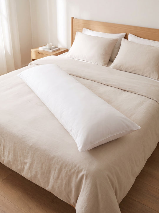 Inner body pillow lying on a bed, full length view
